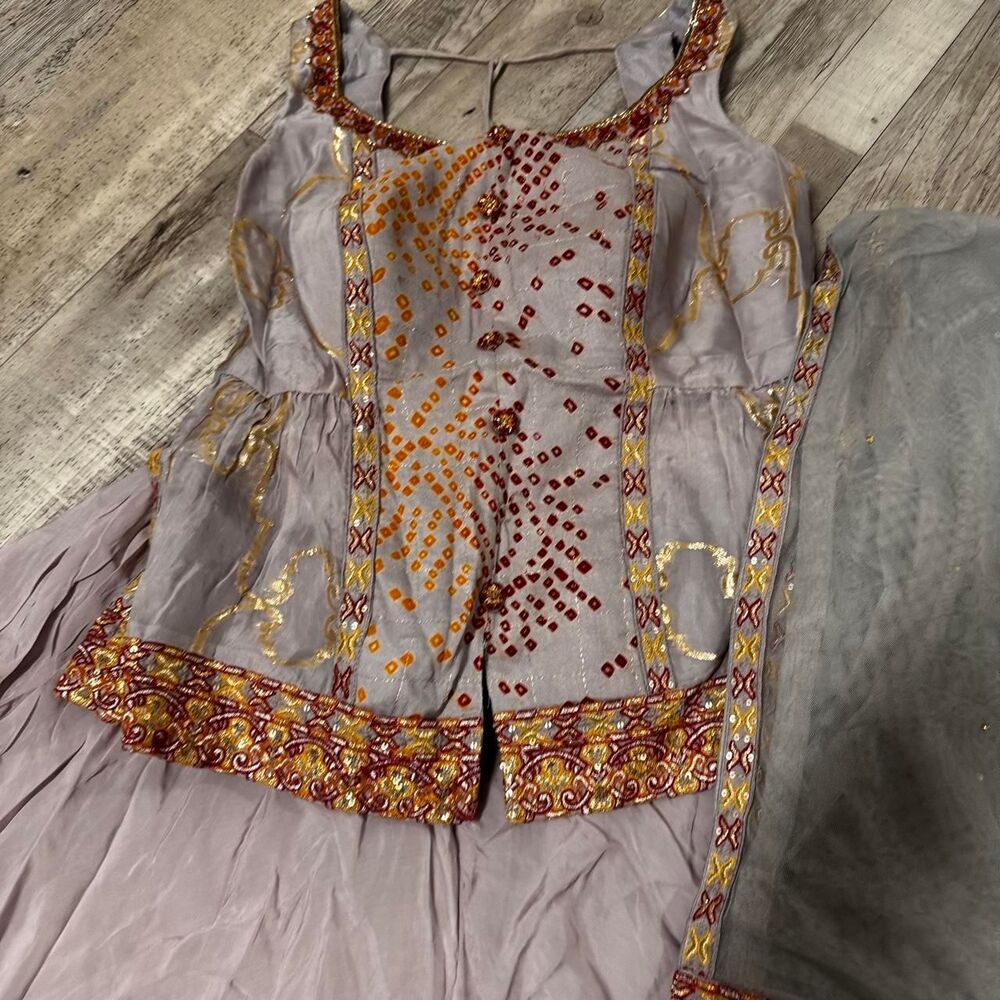 Gray & purple desi outfit with gold & red embroidery